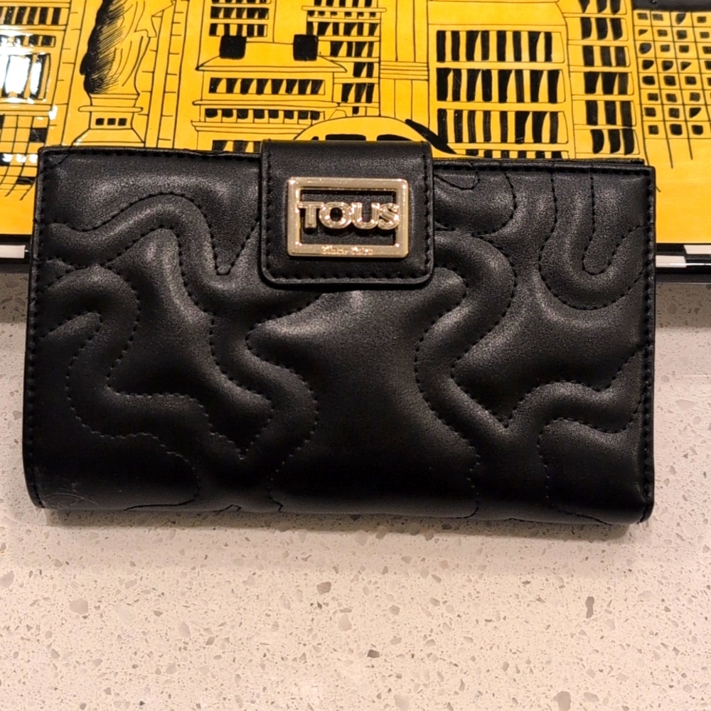 TOUS Black Quilted Leather Wallet with Gold Logo Plaque